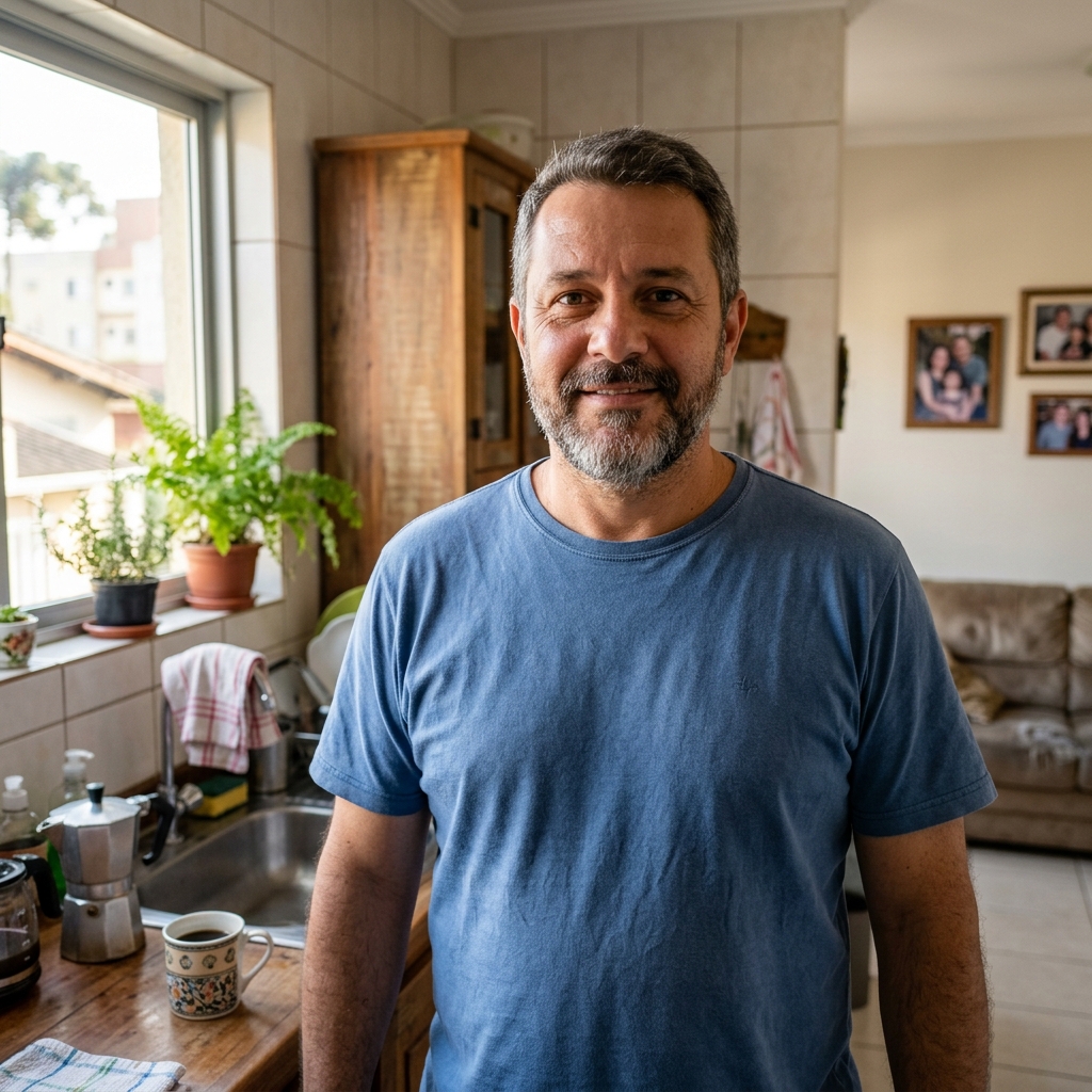 Homem acima dos 40 anos em casa, com expressão confiante